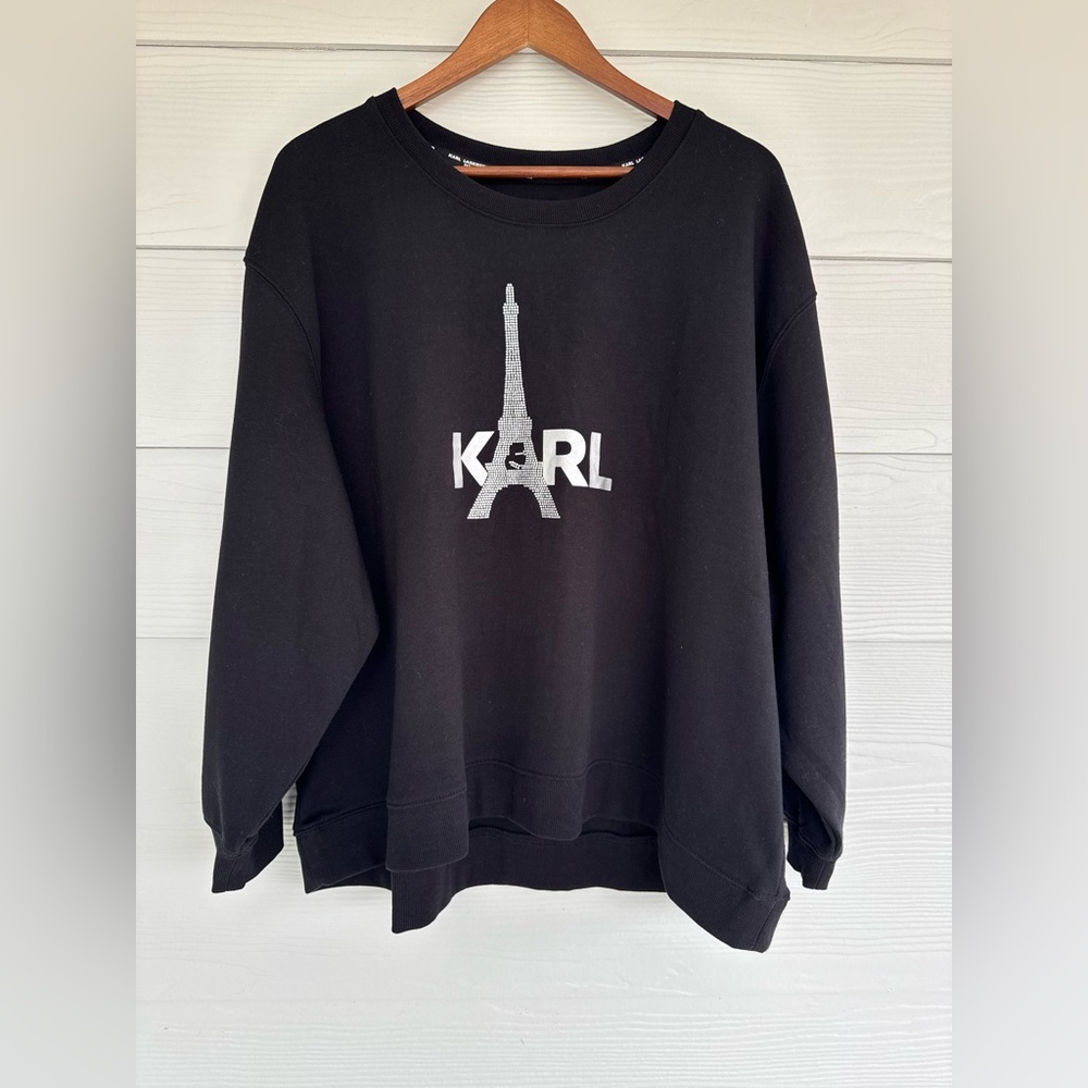 Karl Lagerfeld Paris Eiffel Tower Logo Sweatshirt – Black Crewneck, Size 2X
